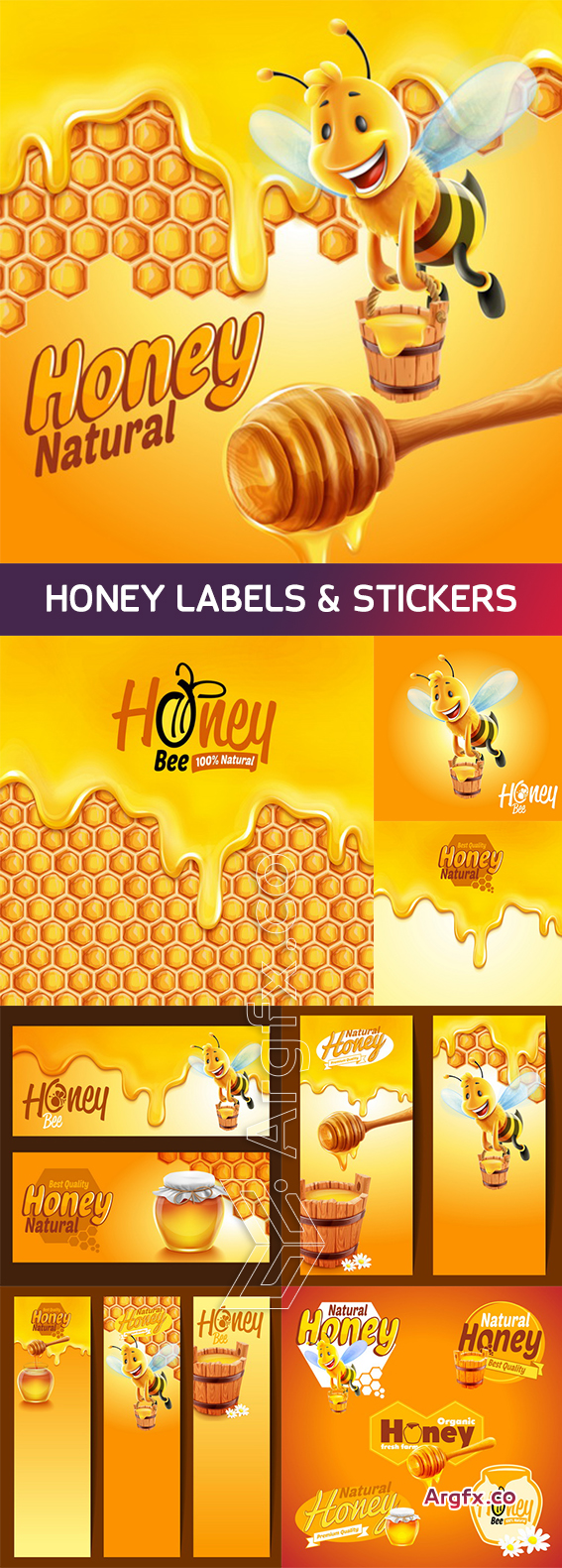  Honey Labels & Stickers, Frame Honey with Bee & Stick 8xEPS